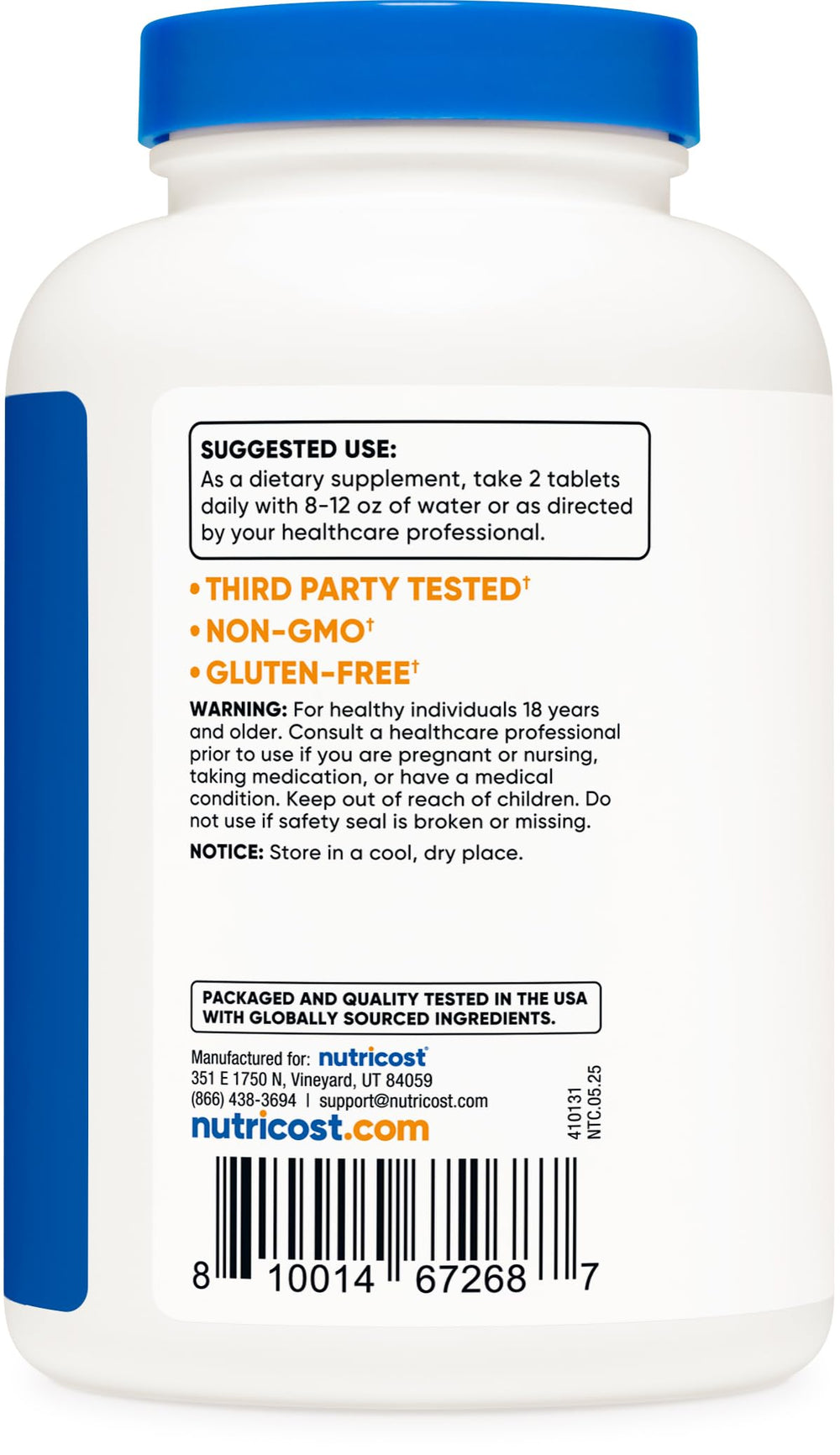 Nutricost label highlighting non-GMO and gluten-free properties for sensitive diets