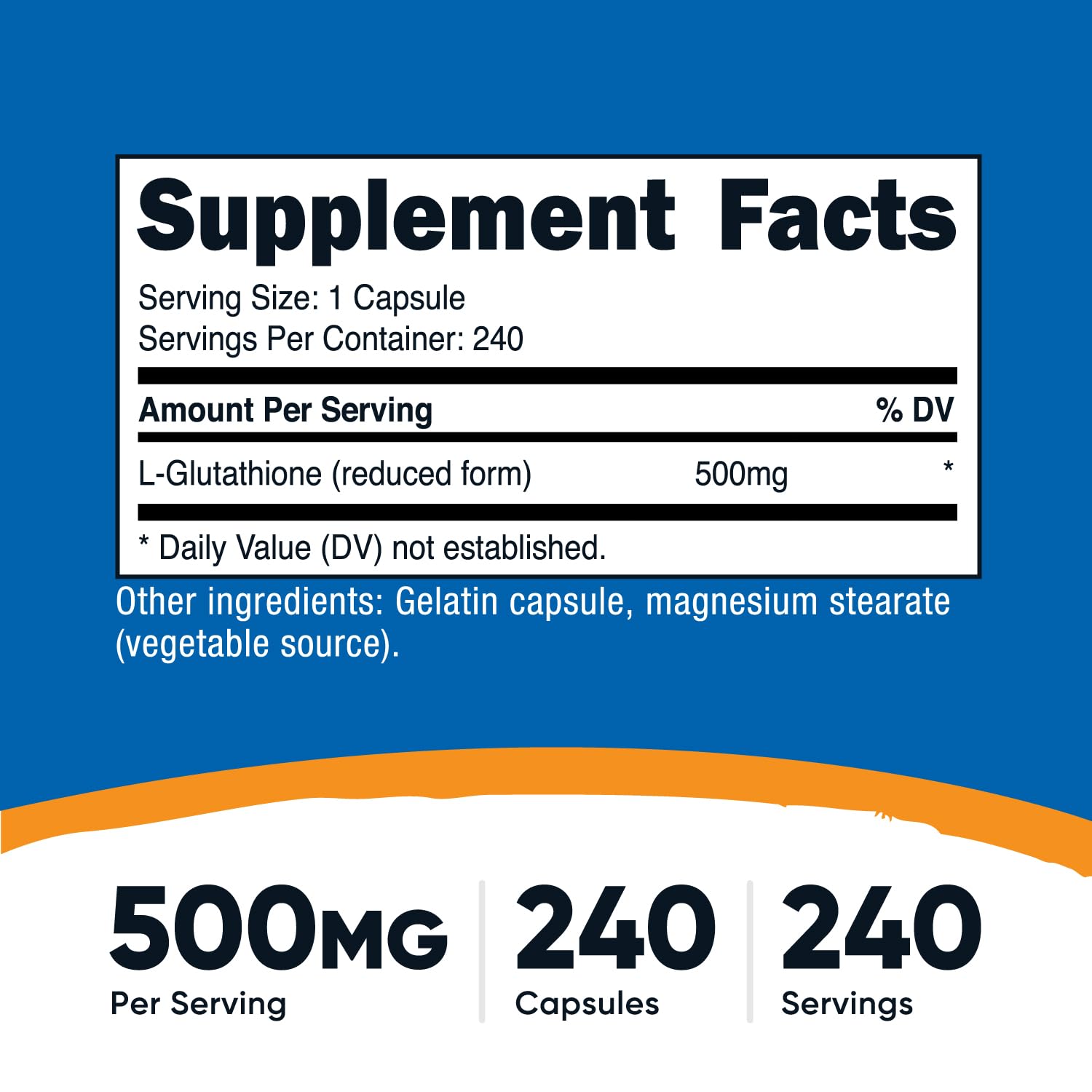 Close-up of Nutricost Glutathione label, highlighting 240 servings per bottle.