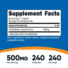 Close-up of Nutricost Glutathione label, highlighting 240 servings per bottle.