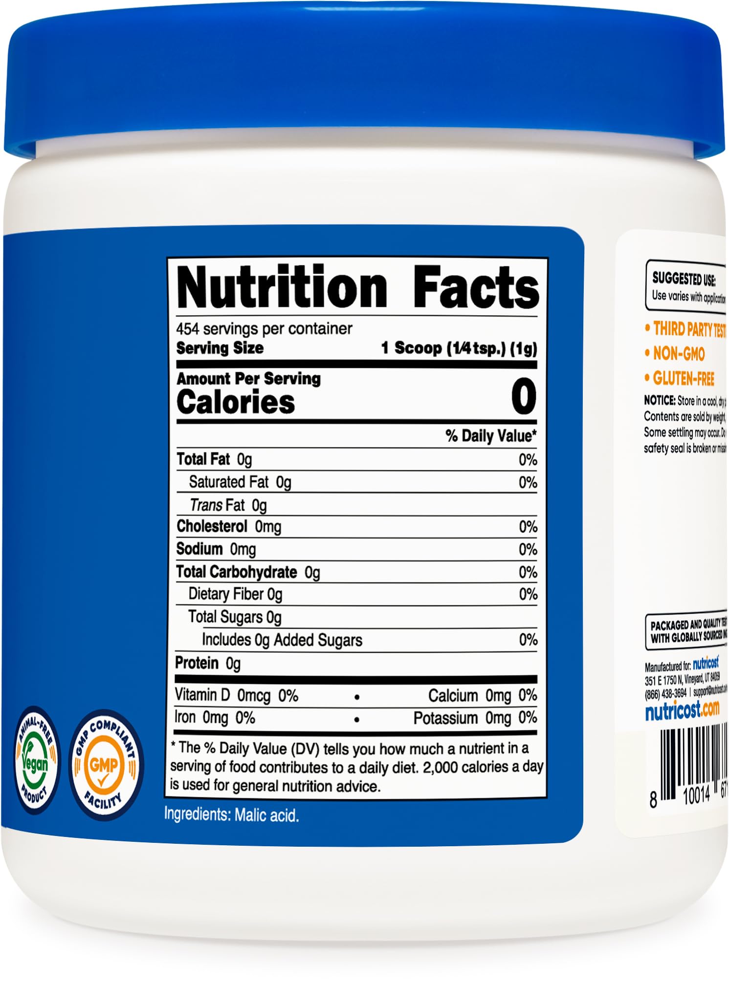Close up of gluten-free and non-GMO label on Nutricost Malic Acid.