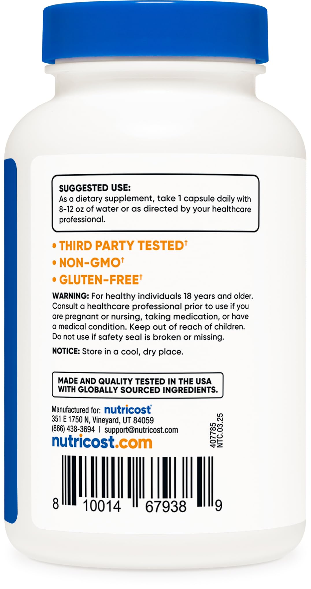 Nutricost gluten-free non-GMO label on bottle for dietary needs.