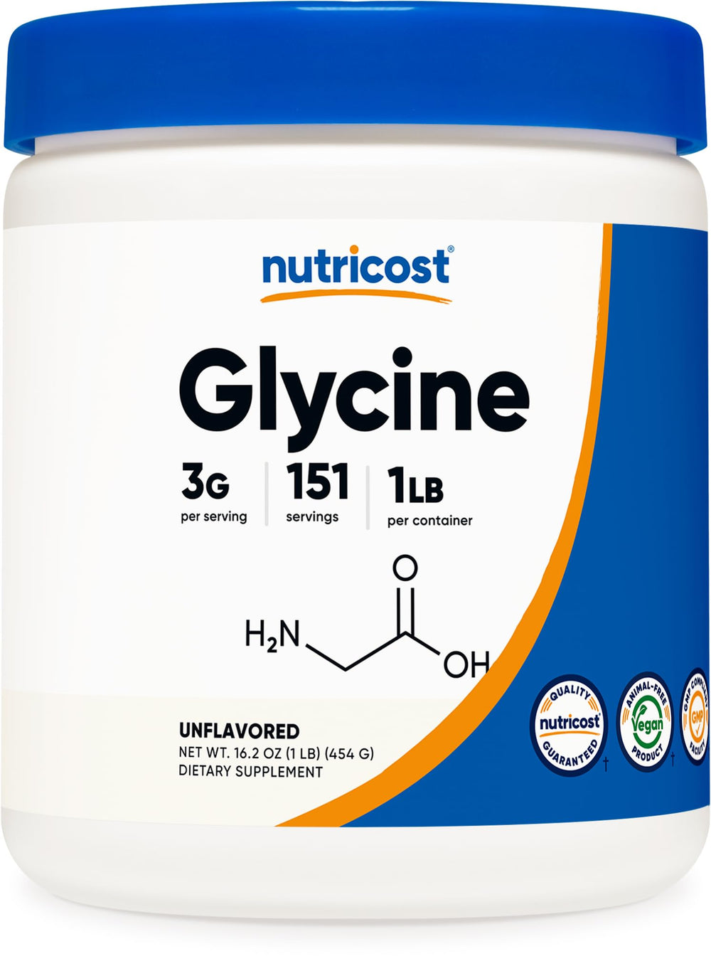 Nutricost Glycine Powder 1lb bottle with label, convenient daily supplement base