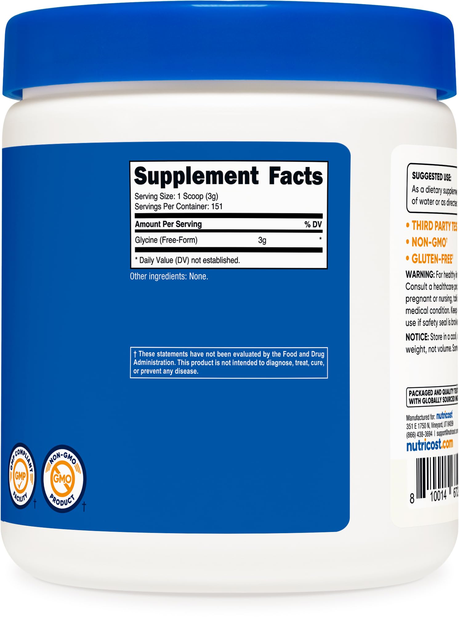 Nutricost Glycine Powder label highlights non-GMO and gluten-free features