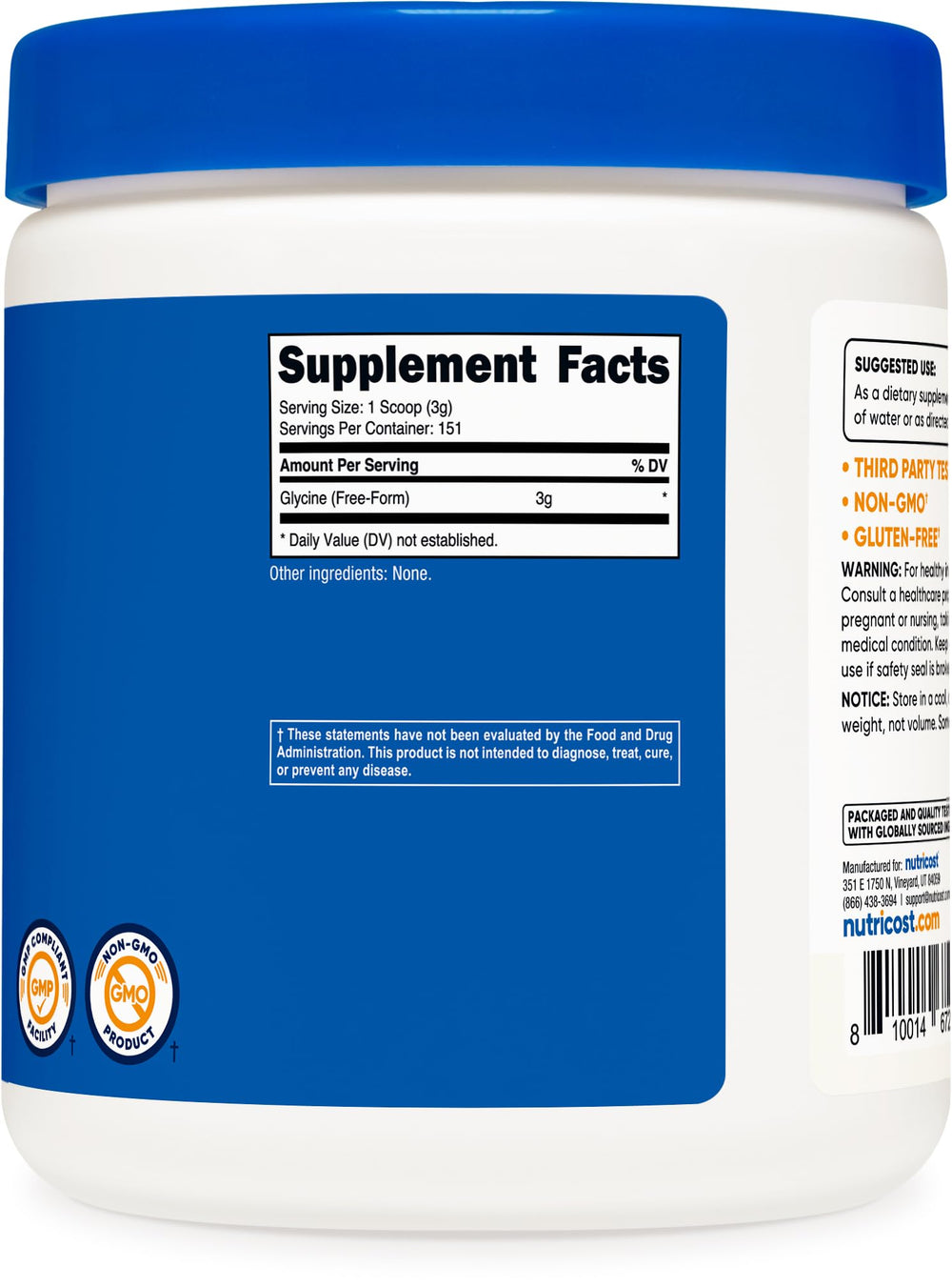 Nutricost Glycine Powder label highlights non-GMO and gluten-free features