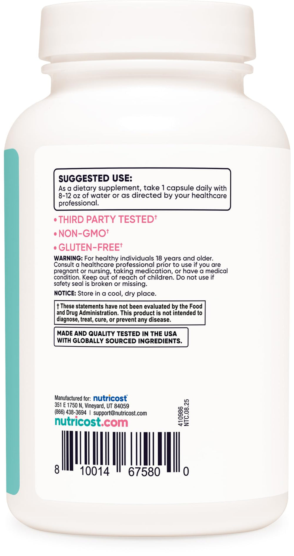 Nutricost facility image shows GMP-FDA certification ensuring quality