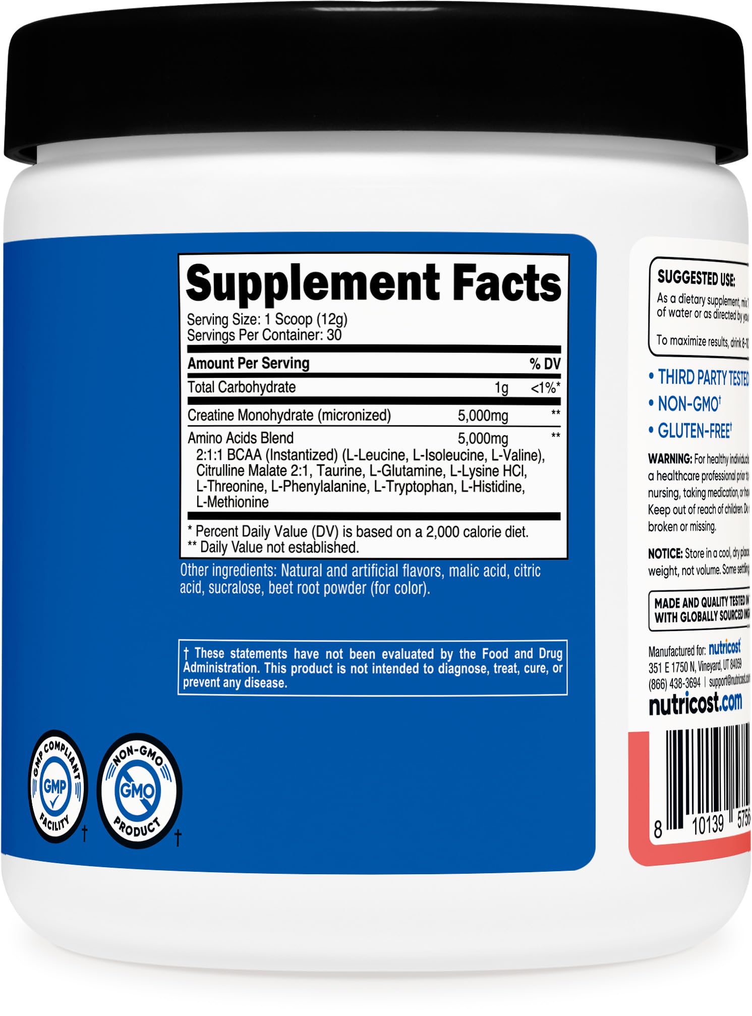 Nutricost GMP facility badge and third-party testing indicate quality control