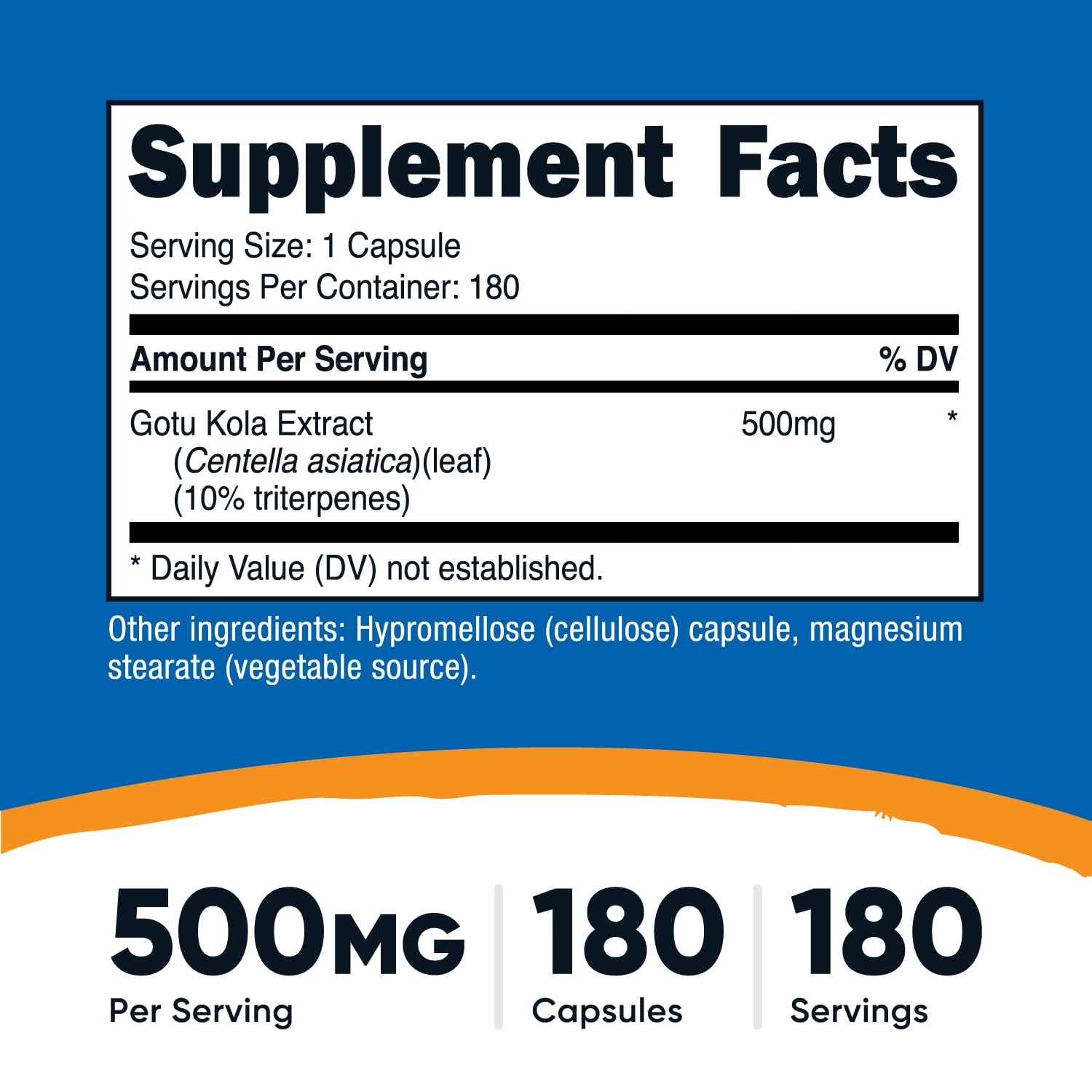 Nutricost Gotu Kola capsules close-up showing 500 mg potency for daily use