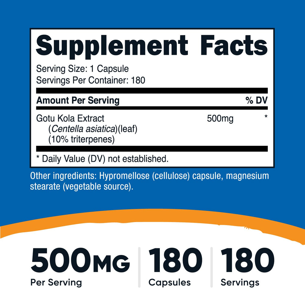 Nutricost Gotu Kola capsules close-up showing 500 mg potency for daily use