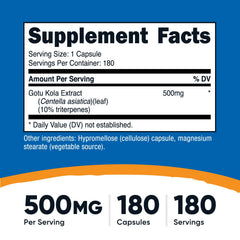 Nutricost Gotu Kola capsules close-up showing 500 mg potency for daily use