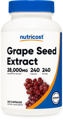 Nutricost Grape Seed Extract bottle front view highlights gluten-free and non-GMO formula
