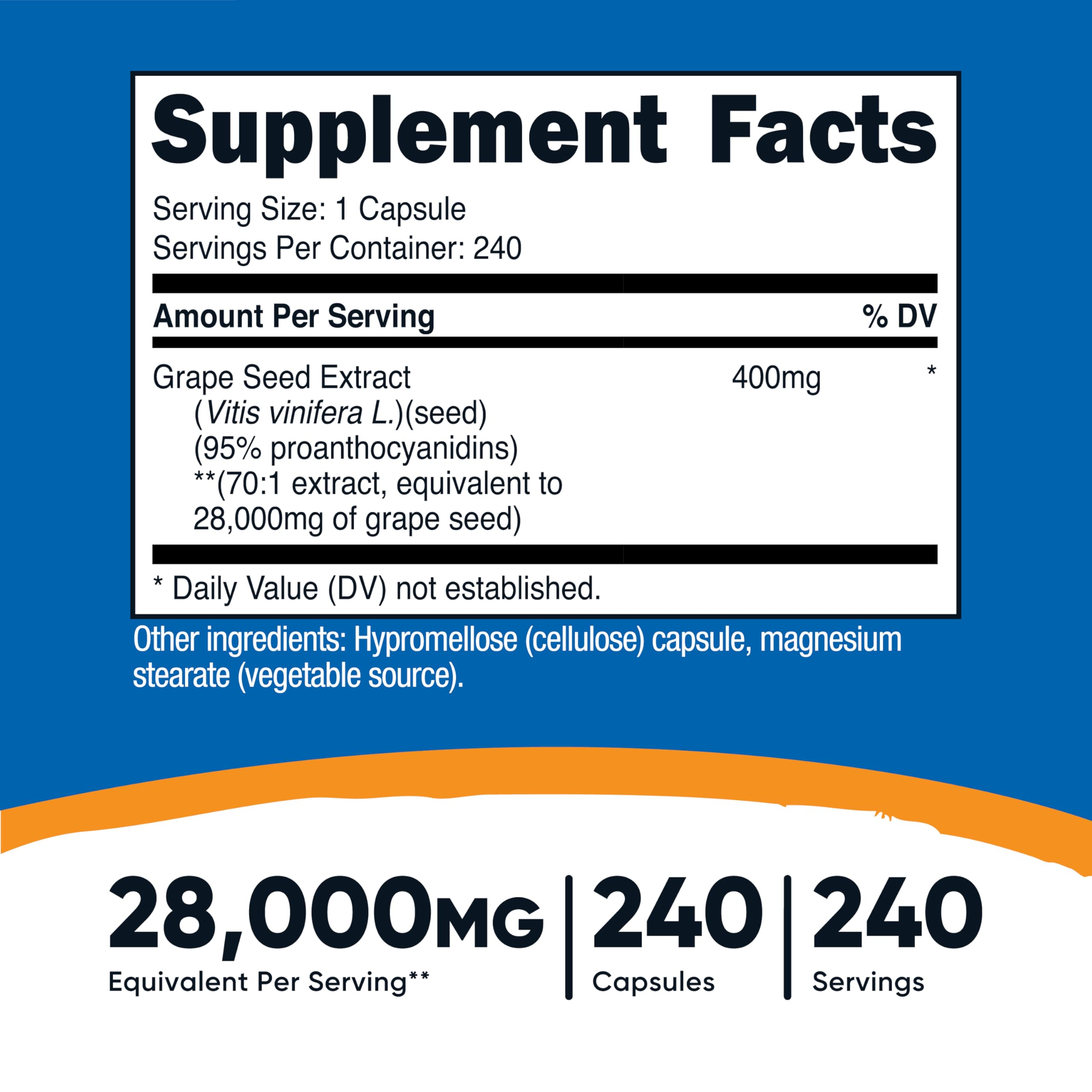 Nutricost Grape Seed Extract label close-up showing 28,000 mg per serving