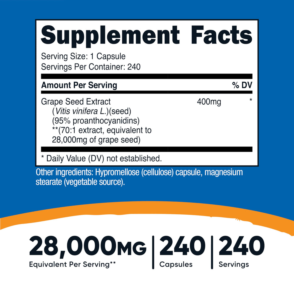 Nutricost Grape Seed Extract label close-up showing 28,000 mg per serving