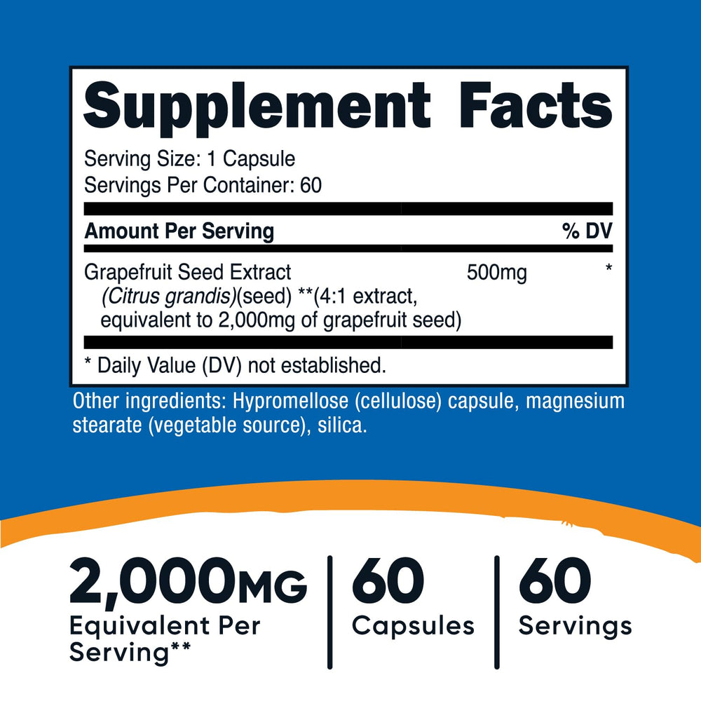 Close-up of Nutricost Grapefruit Seed Extract label highlighting potency