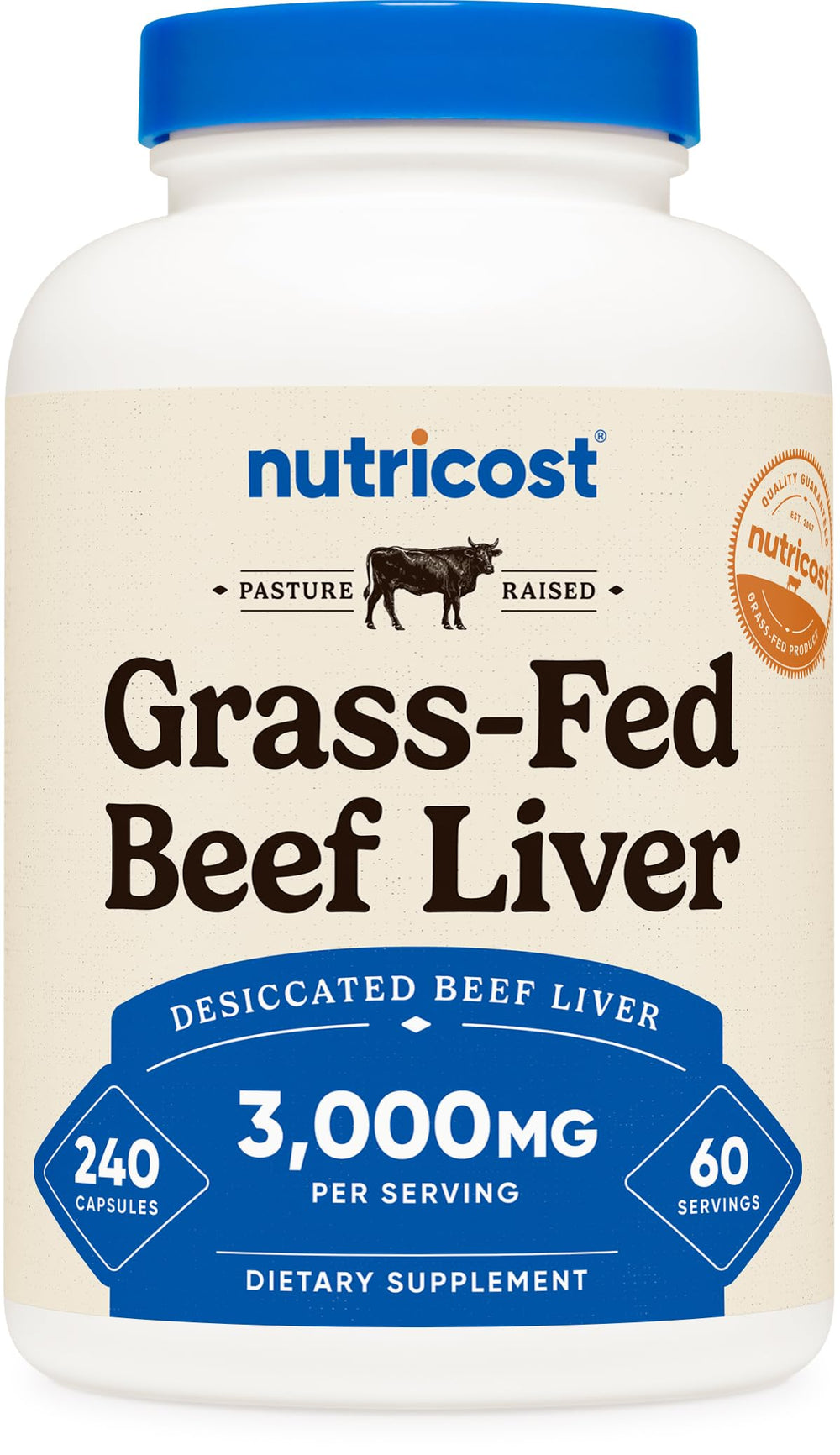Nutricost grass-fed beef liver bottle for a convenient daily supplement routine