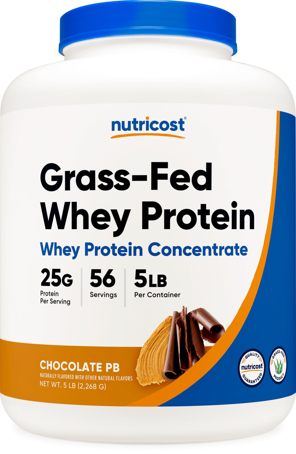 Nutricost grass-fed whey packaging showcases chocolate peanut butter flavor for convenient daily shakes