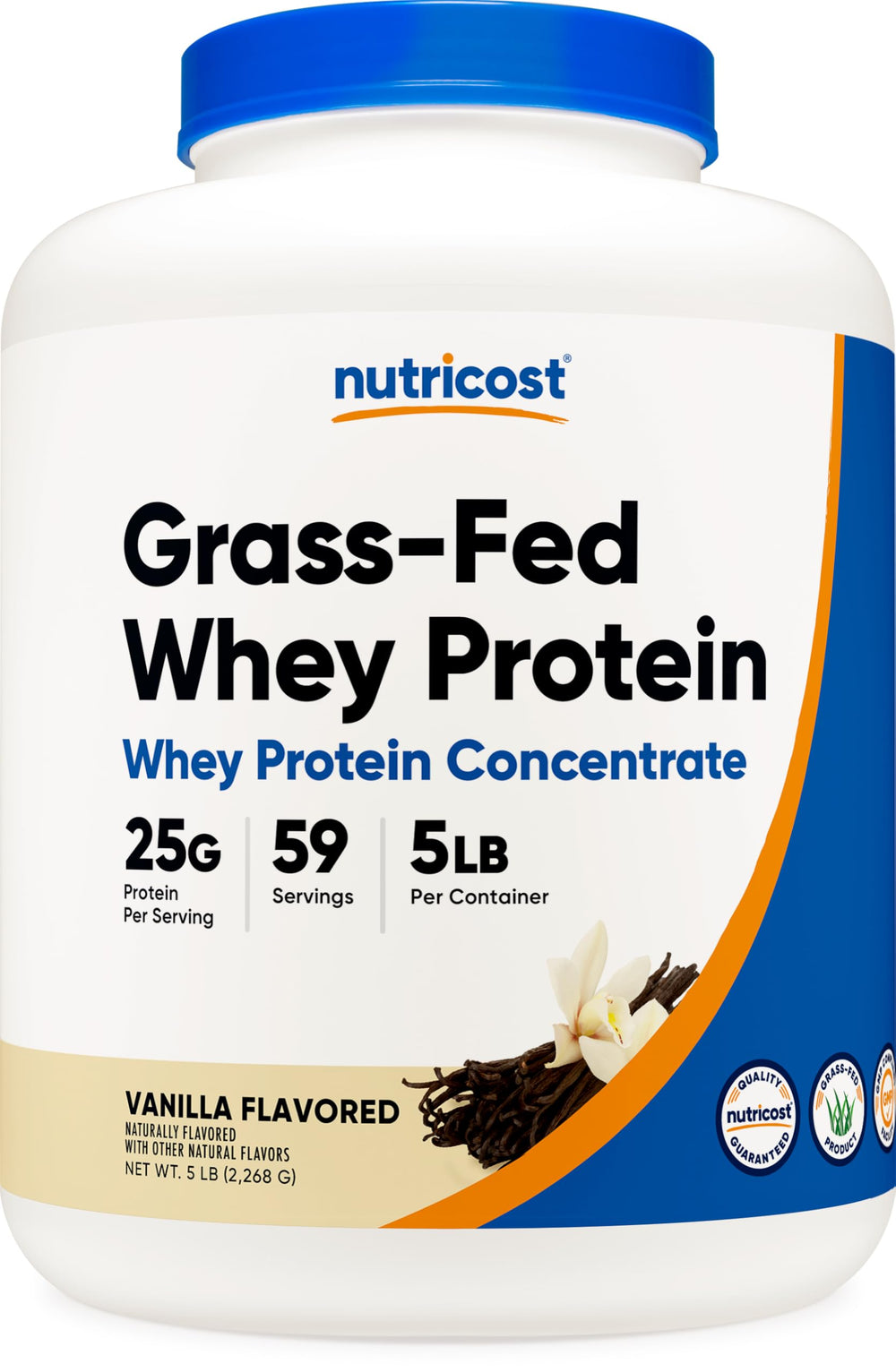 Nutricost grass-fed whey bottle pouring for vanilla shakes.