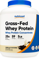 Nutricost grass-fed whey bottle pouring for vanilla shakes.