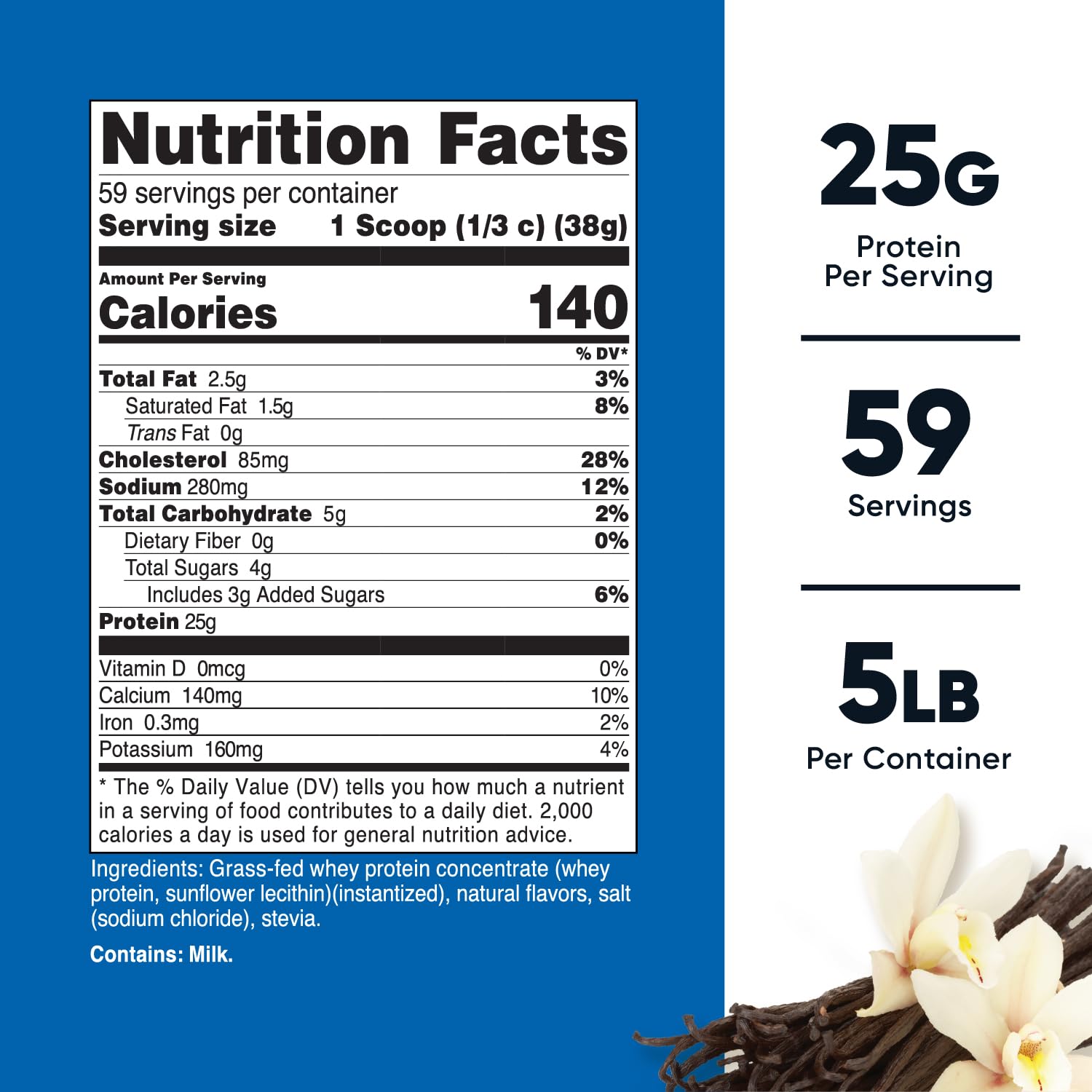Nutricost grass-fed whey tub vanilla ready for shakes.