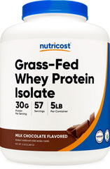 Nutricost grass-fed whey isolate chocolate bottle on counter for an easy protein mix
