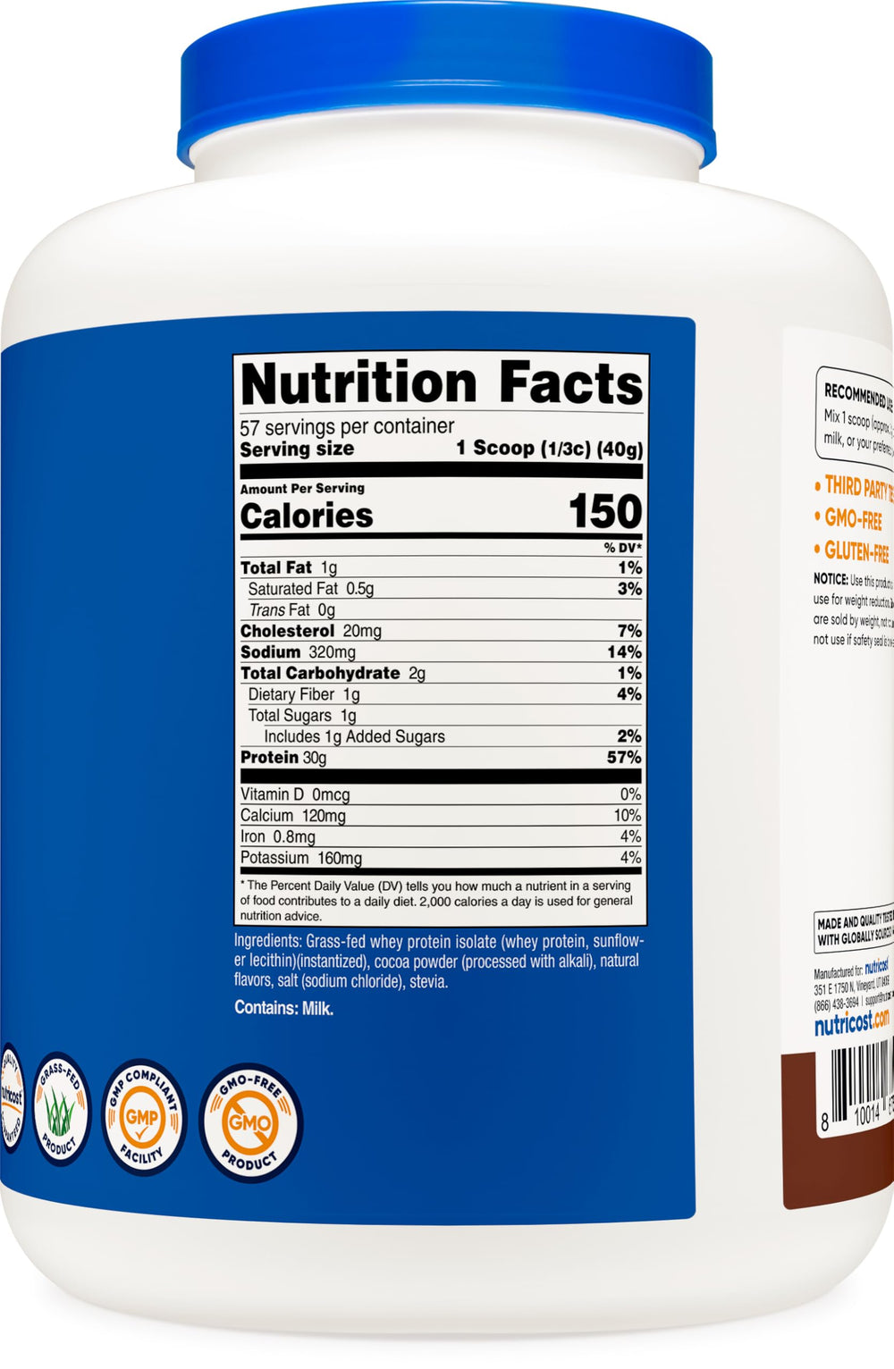 Nutricost grass-fed whey isolate chocolate packaging highlighting Kosher, Halal, and non-GMO quality