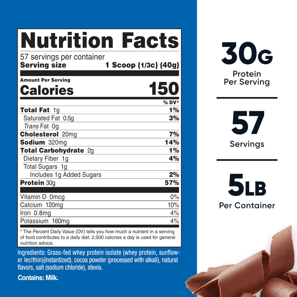 Nutricost grass-fed whey isolate chocolate powder tub ready for a quick high-protein shake