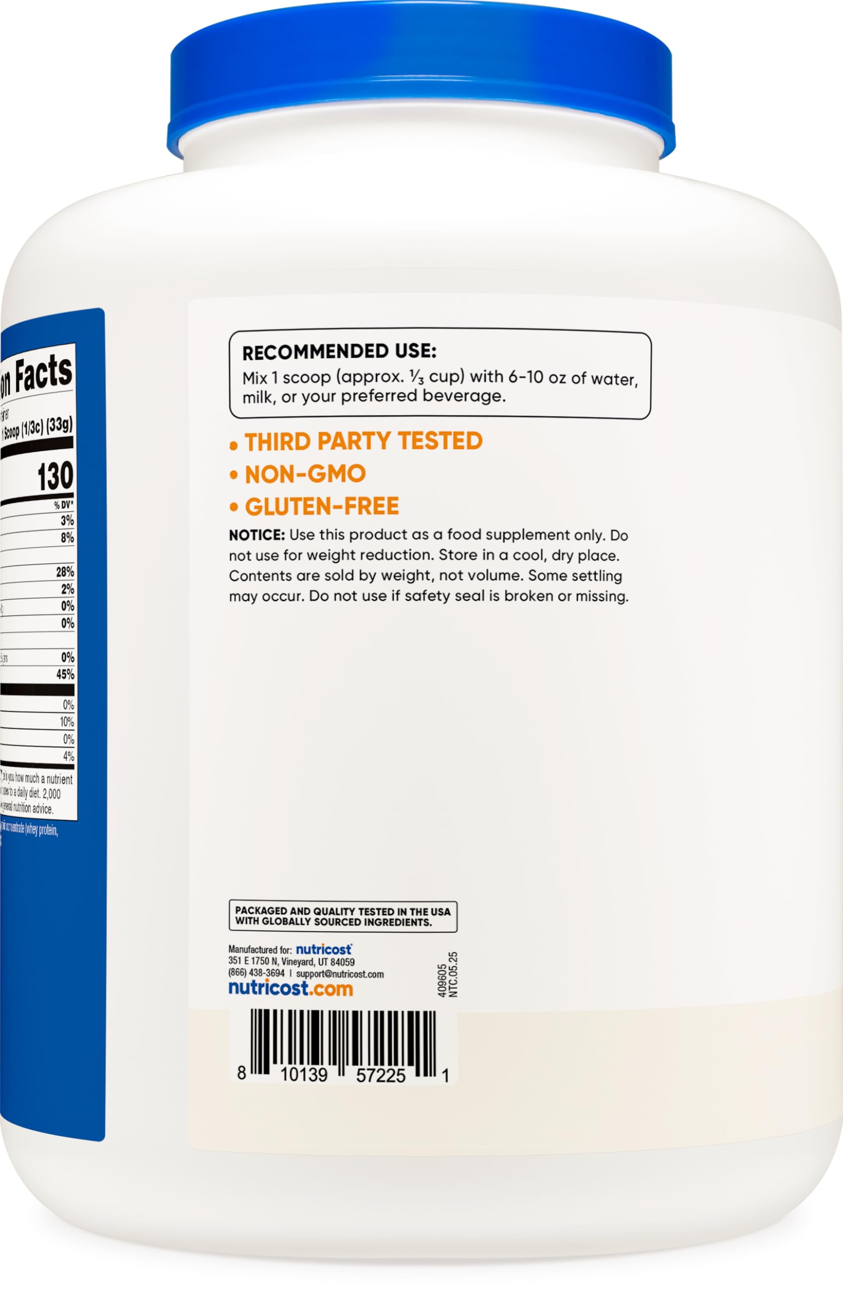 Nutricost grass-fed whey label emphasizes non-GMO and gluten-free quality.