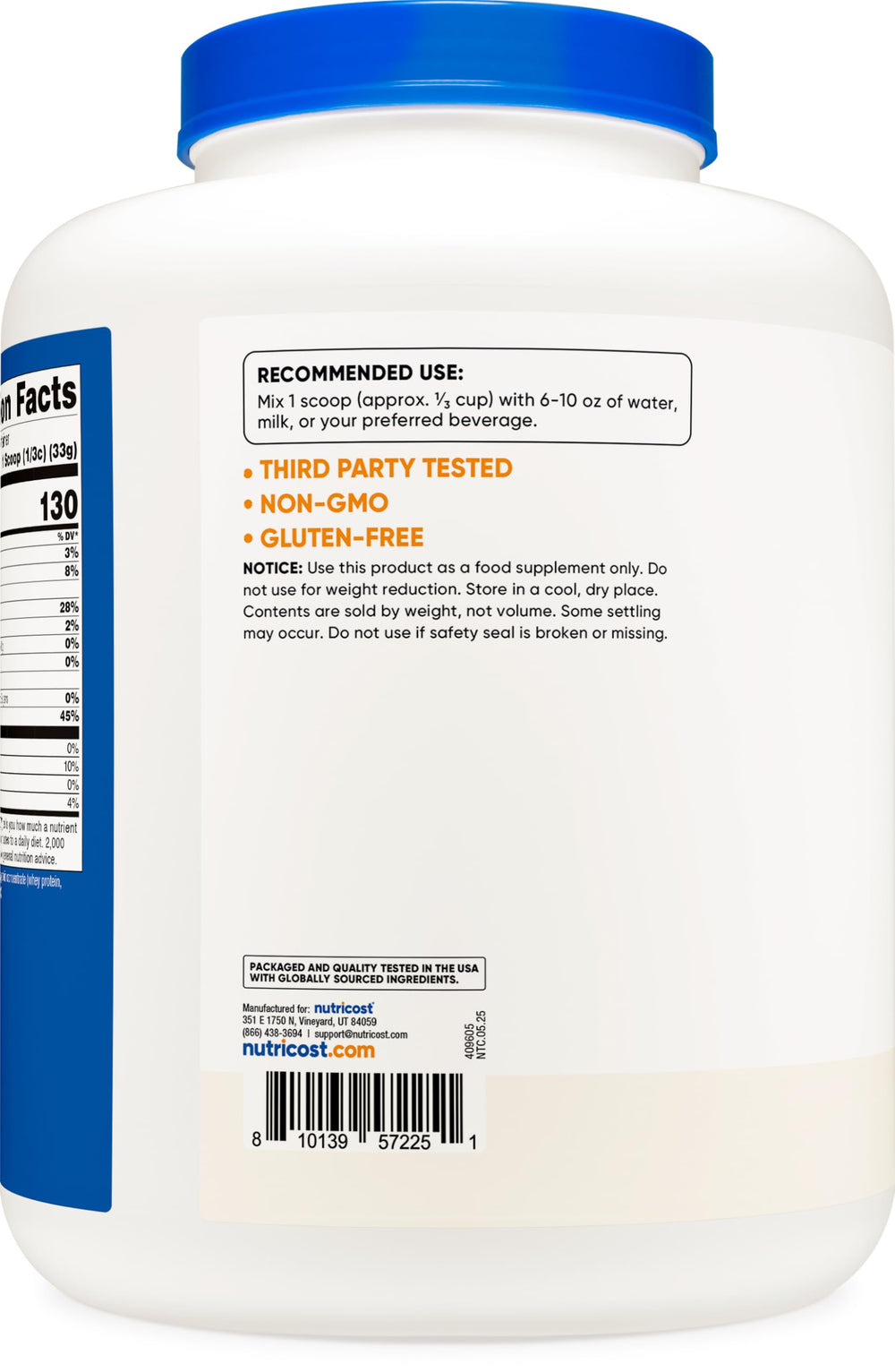 Nutricost grass-fed whey label emphasizes non-GMO and gluten-free quality.