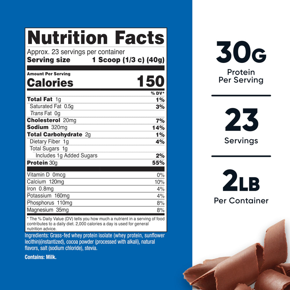 Nutricost grass-fed whey isolate chocolate container label shows clean ingredients