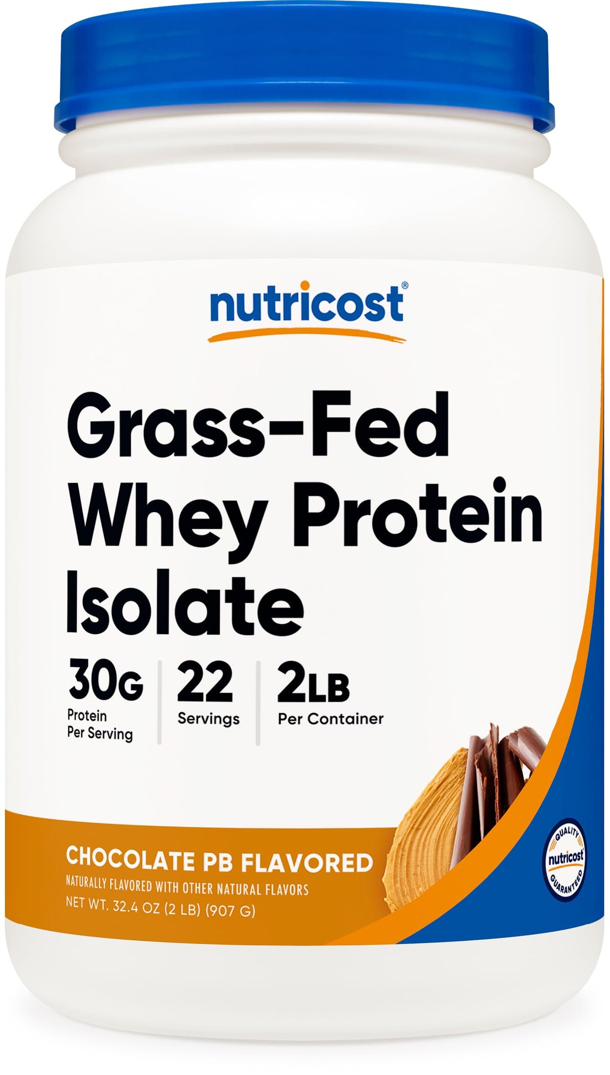 Nutricost grass-fed whey protein isolate bottle with chocolate peanut butter flavor for post-workout shakes
