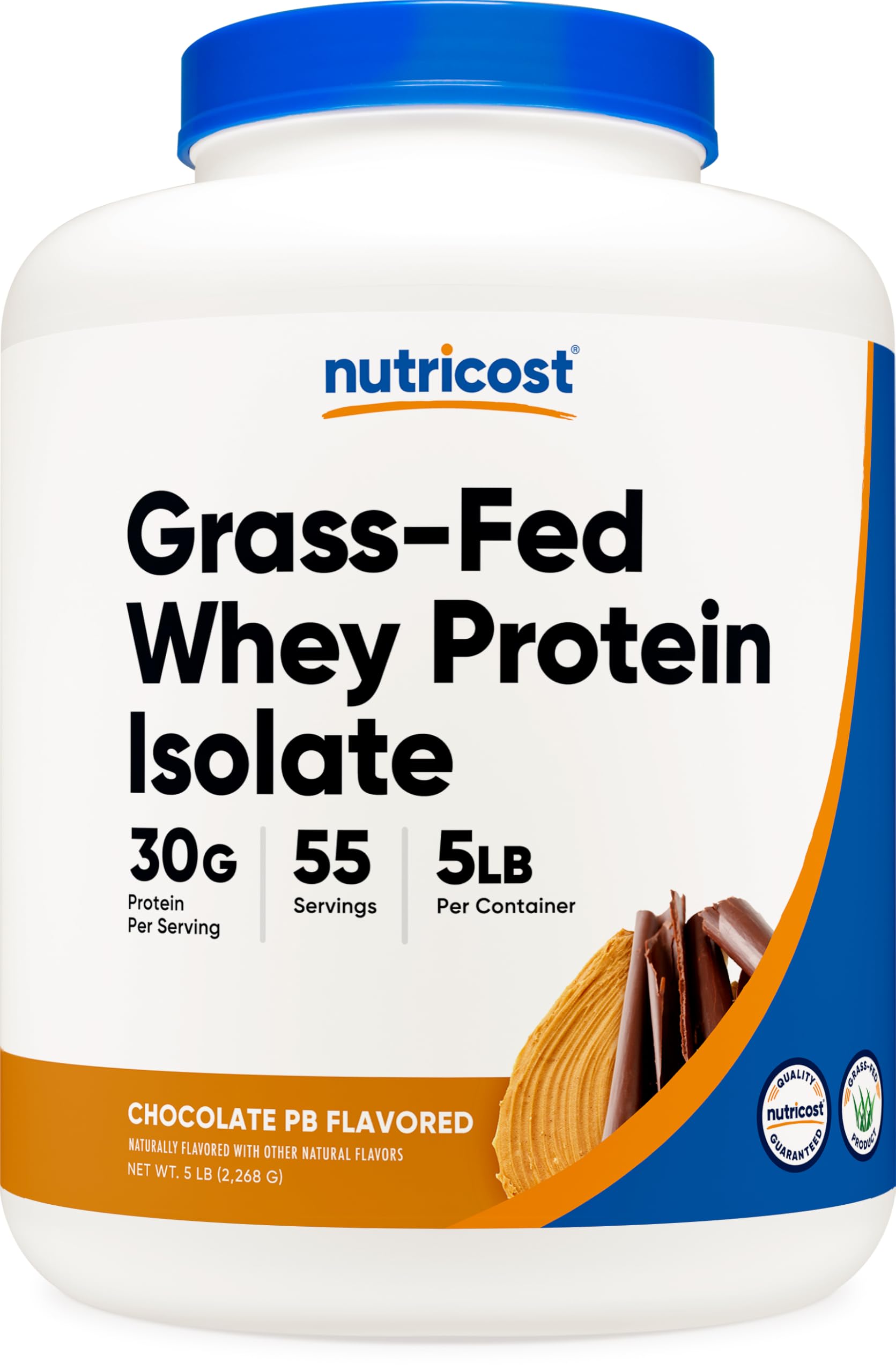 Nutricost grass-fed whey protein isolate jar, chocolate peanut butter flavor, high-protein option.