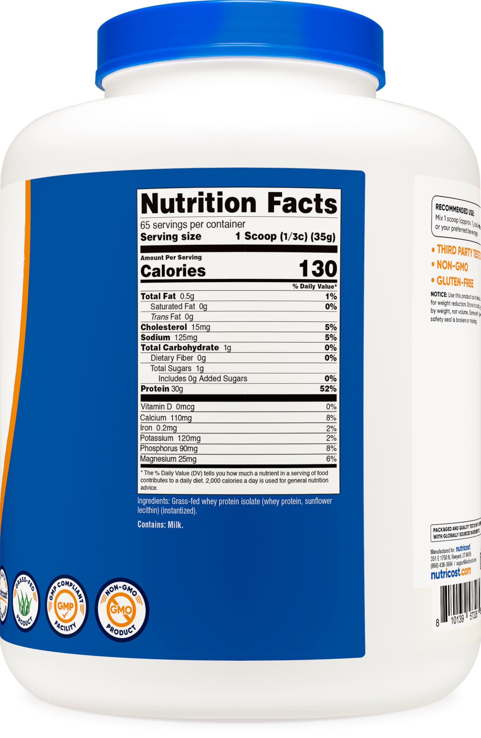 Nutricost label highlights rBGH-free, non-GMO, gluten-free and Kosher/Halal certifications.