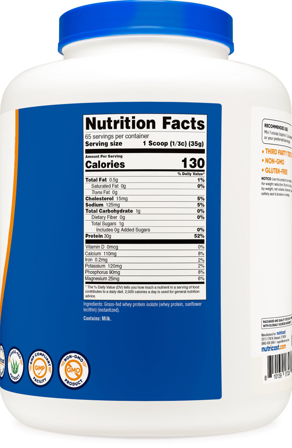 Nutricost label highlights rBGH-free, non-GMO, gluten-free and Kosher/Halal certifications.