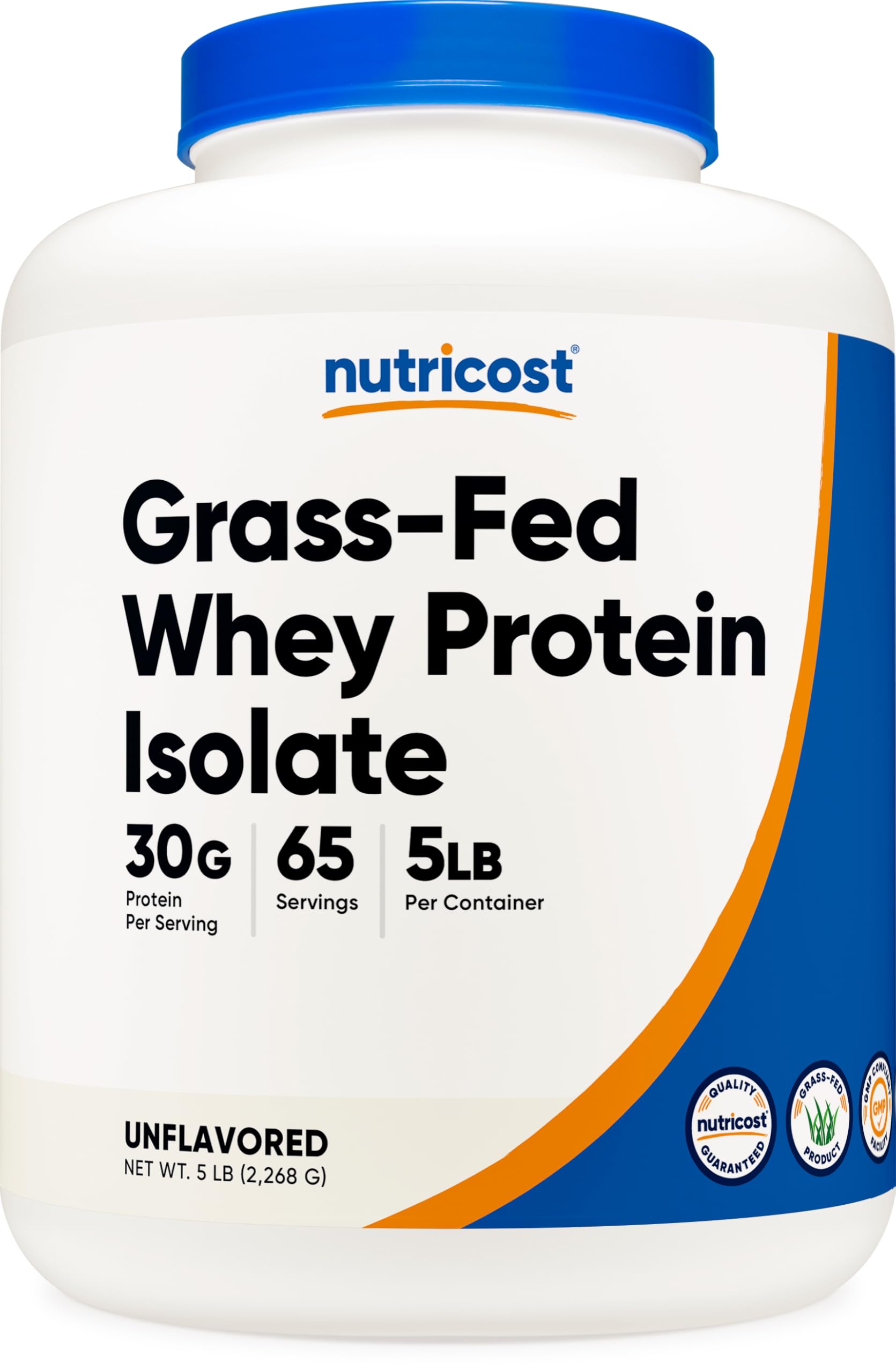 Nutricost Grass-Fed Whey Protein Isolate bottle with unflavored powder for clean shakes.