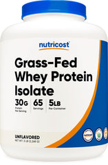 Nutricost Grass-Fed Whey Protein Isolate bottle with unflavored powder for clean shakes.