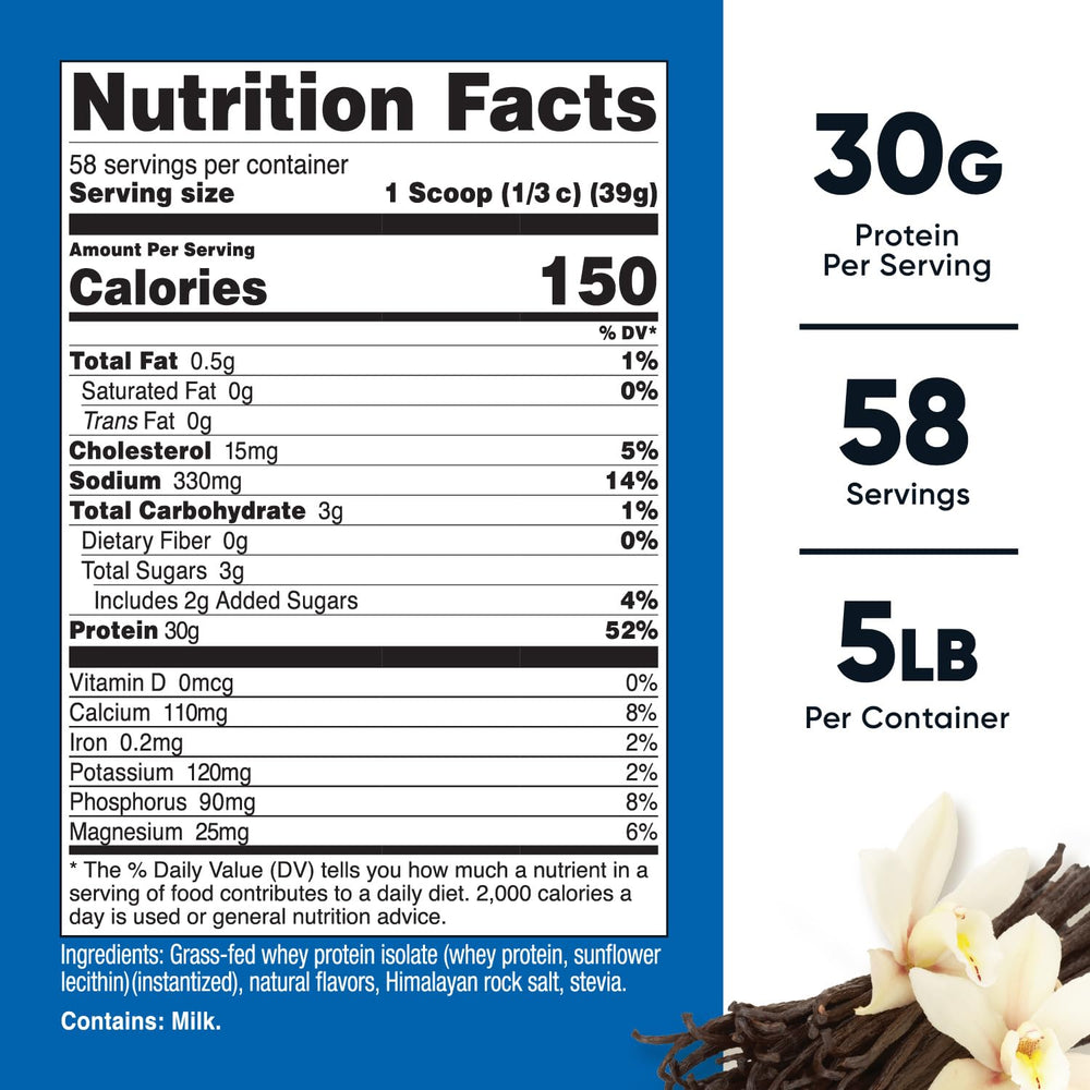Nutricost Grass-Fed Whey Protein Isolate Vanilla label closeup shows clean ingredients