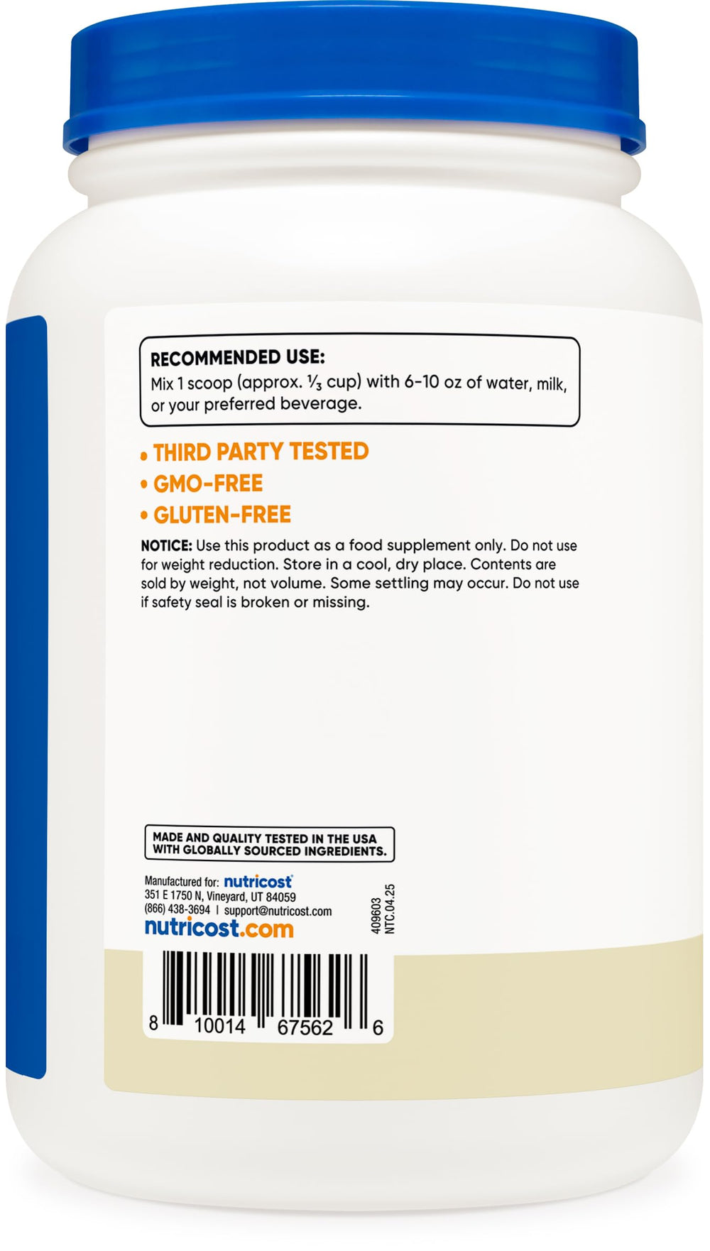 Nutricost vanilla whey isolate label highlights natural flavors and certifications