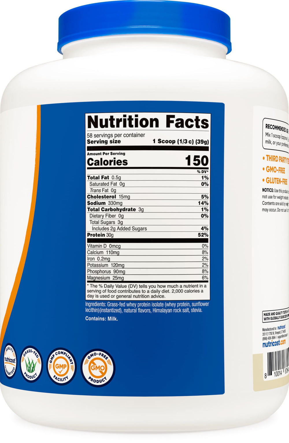 Nutricost Grass-Fed Whey Protein Isolate Vanilla packaging highlights certifications
