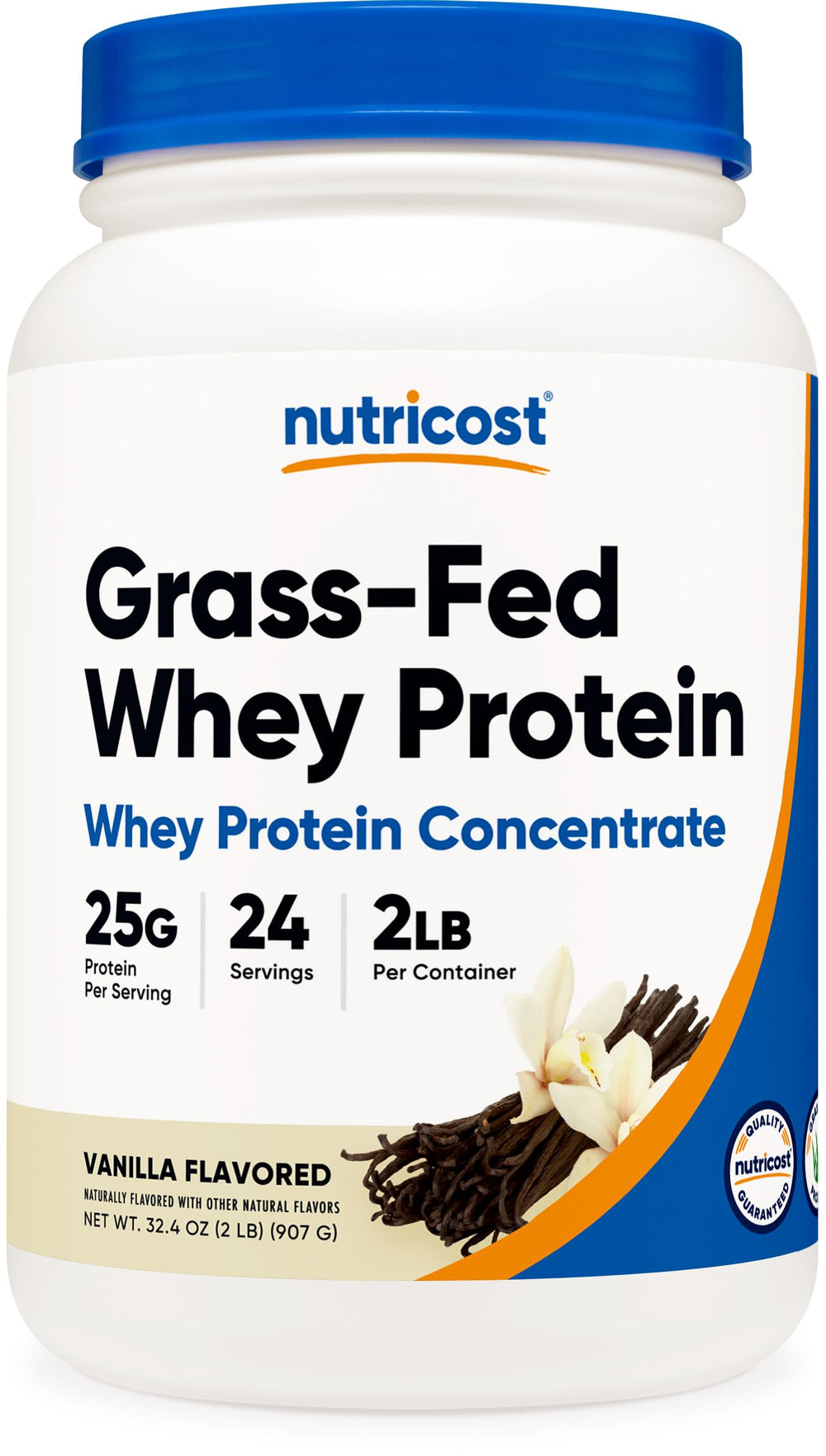 Nutricost Grass-Fed Whey Vanilla bottle shown for post-workout nutrition.