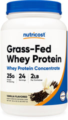 Nutricost Grass-Fed Whey Vanilla bottle shown for post-workout nutrition.