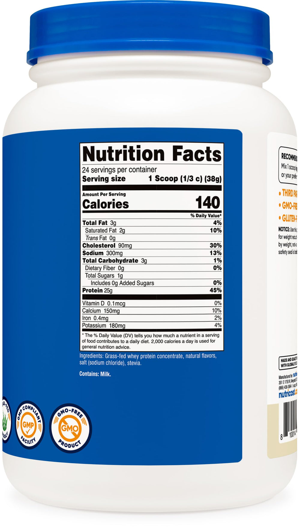 Nutricost Grass-Fed Whey Vanilla packaging emphasizing purity and gluten-free quality.
