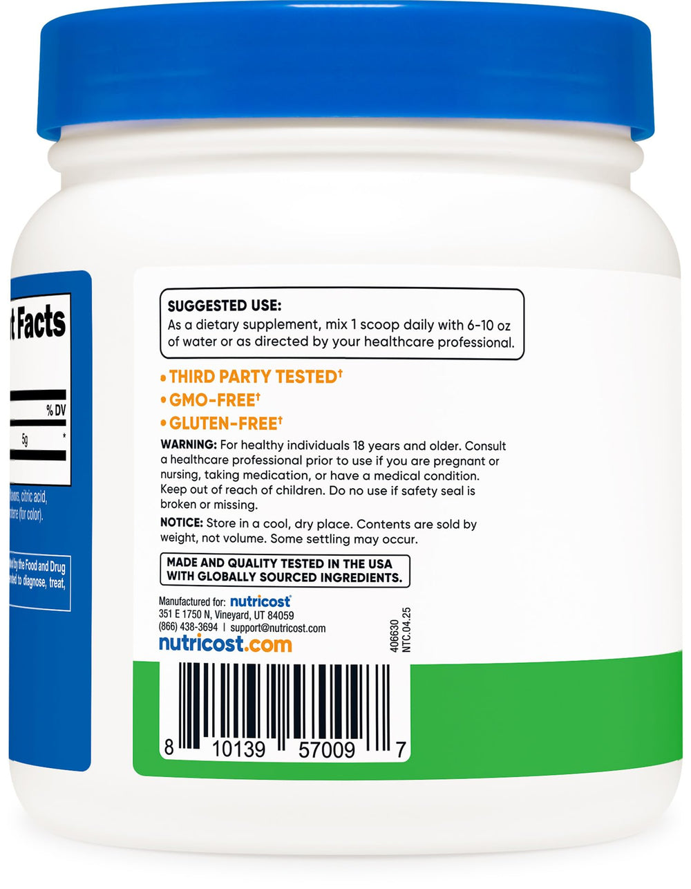 Nutricost scoop with 5g serving on tub showing precise dosing for consistency