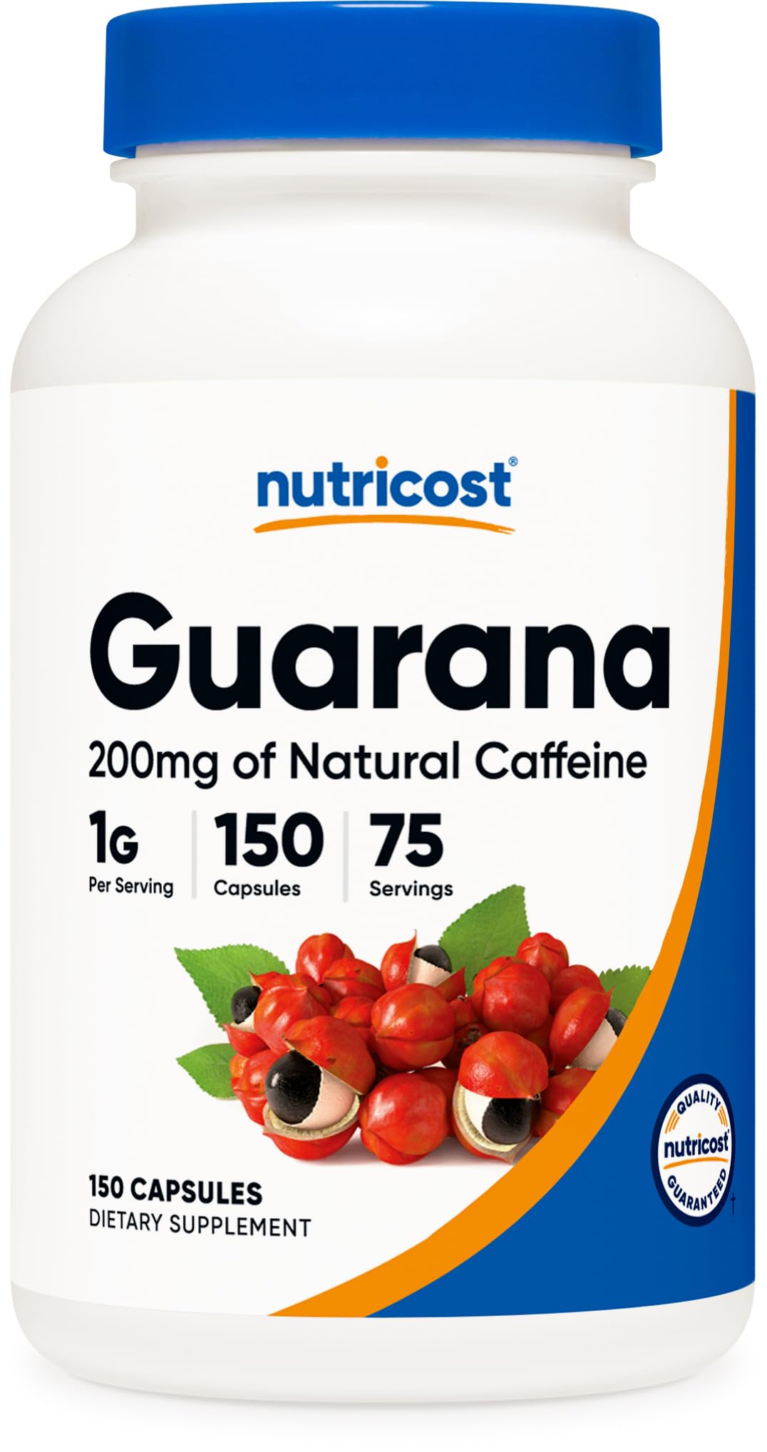 Nutricost Guarana 1000mg serving bottle front emphasizing natural caffeine source