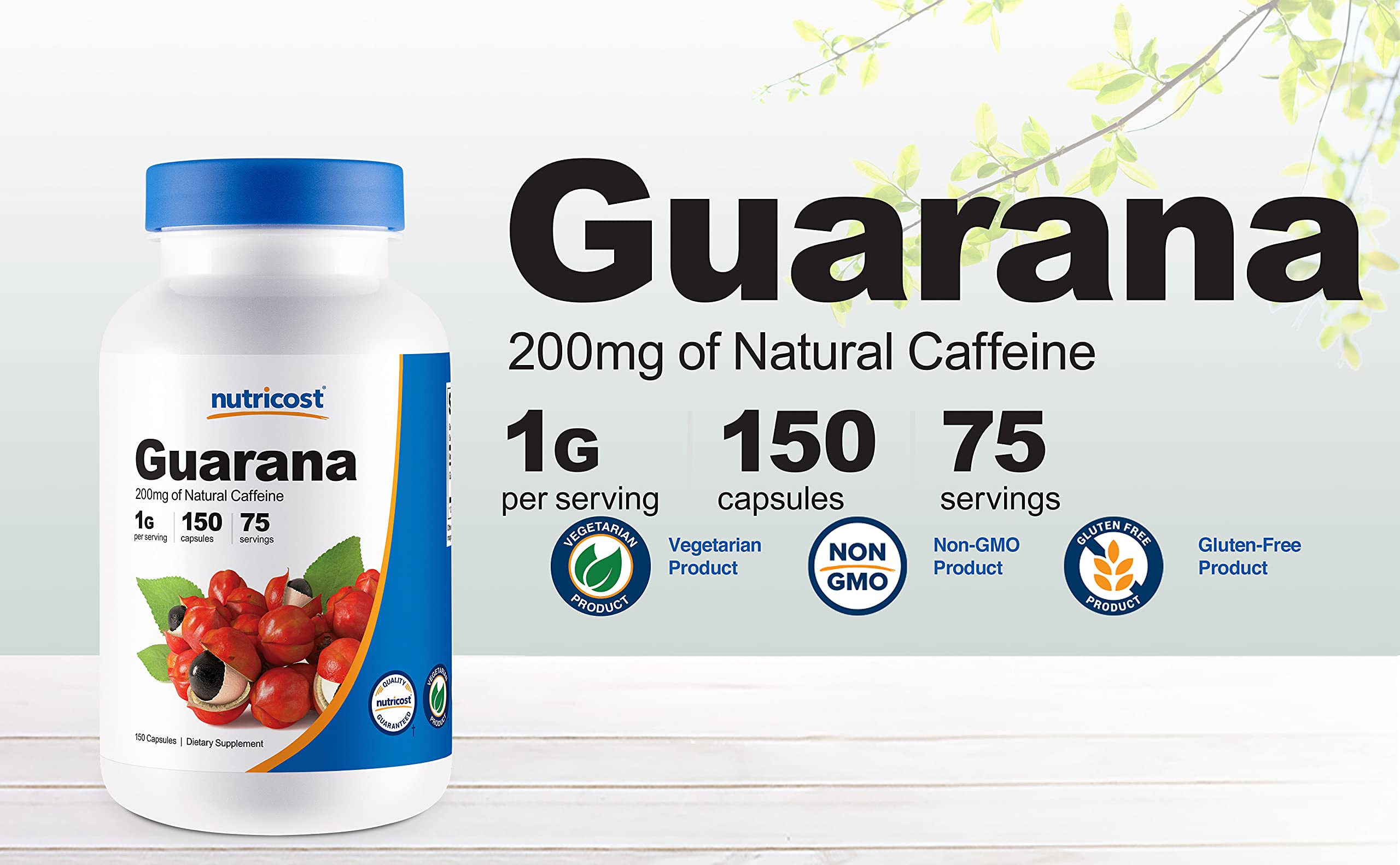 Nutricost Guarana bottle displayed on a shelf for everyday use