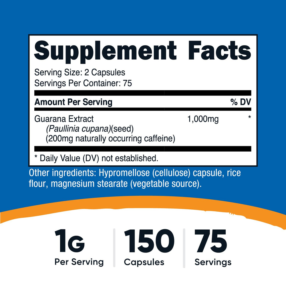 Closeup of Nutricost Guarana capsules highlighting vegetarian formula