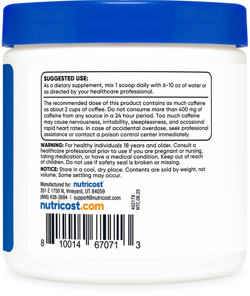 Nutricost Guarana powder packaging signals Non-GMO quality
