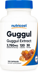 Nutricost Guggul Extract bottle and capsules, a 30-day vegan-friendly supplement for daily balance.