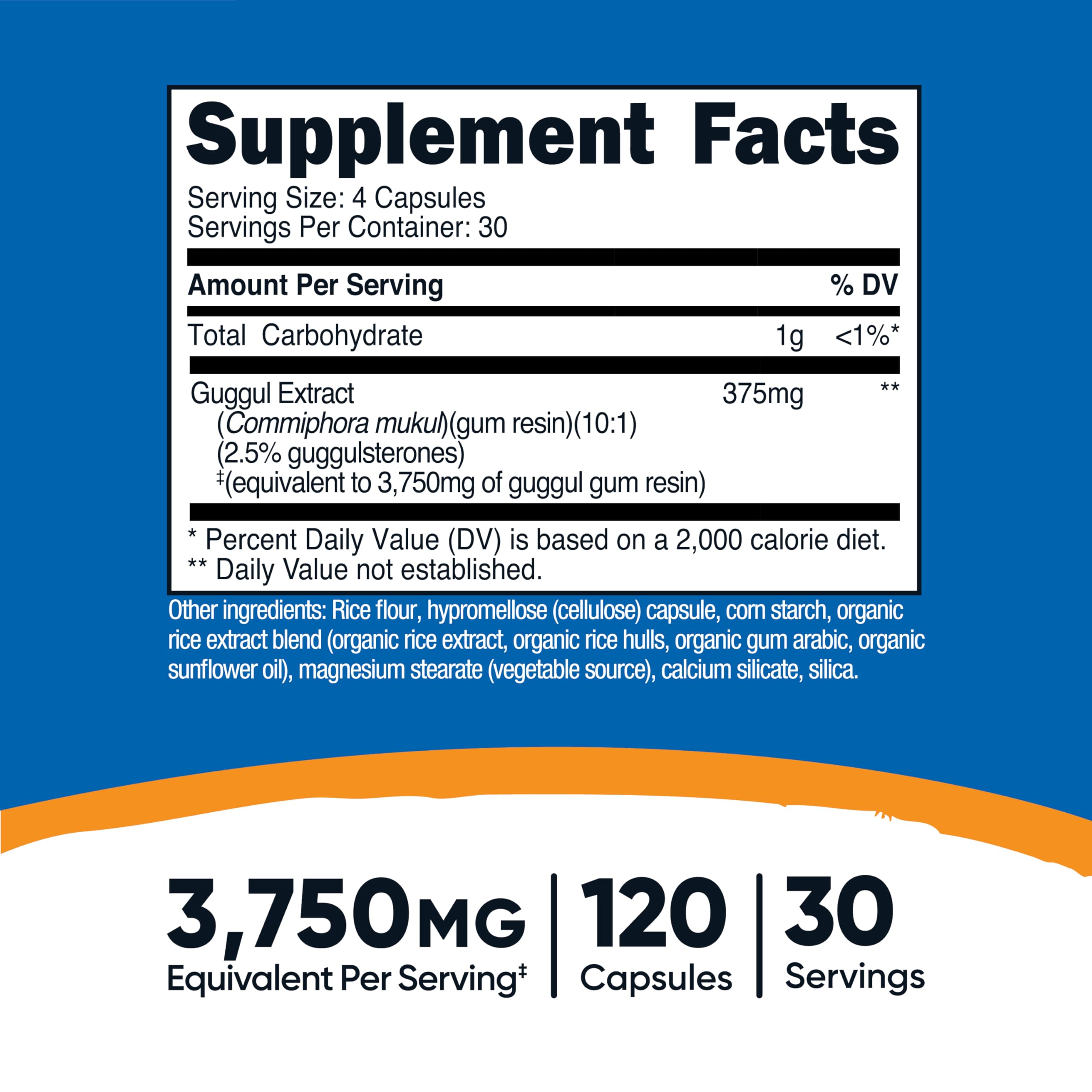 Nutricost Guggul capsules with four-capsule daily serving illustration for dosage.