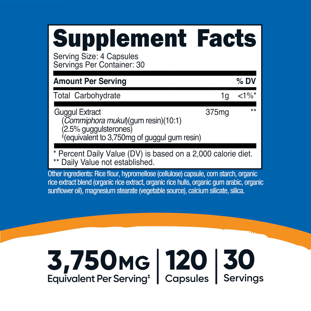 Nutricost Guggul capsules with four-capsule daily serving illustration for dosage.