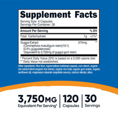 Nutricost Guggul capsules with four-capsule daily serving illustration for dosage.