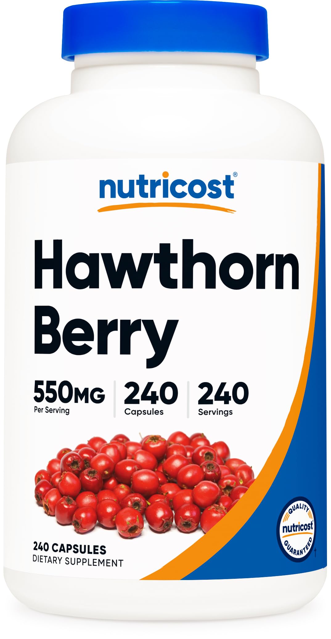 Nutricost Hawthorn Berry capsules bottle highlights 550mg per serving for daily wellness.